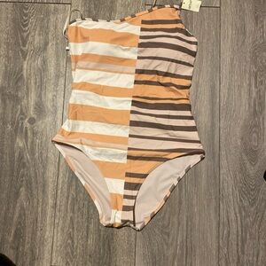 Aerie women Striped One-Shoulder Swimsuit in earthy vibrate color size XL